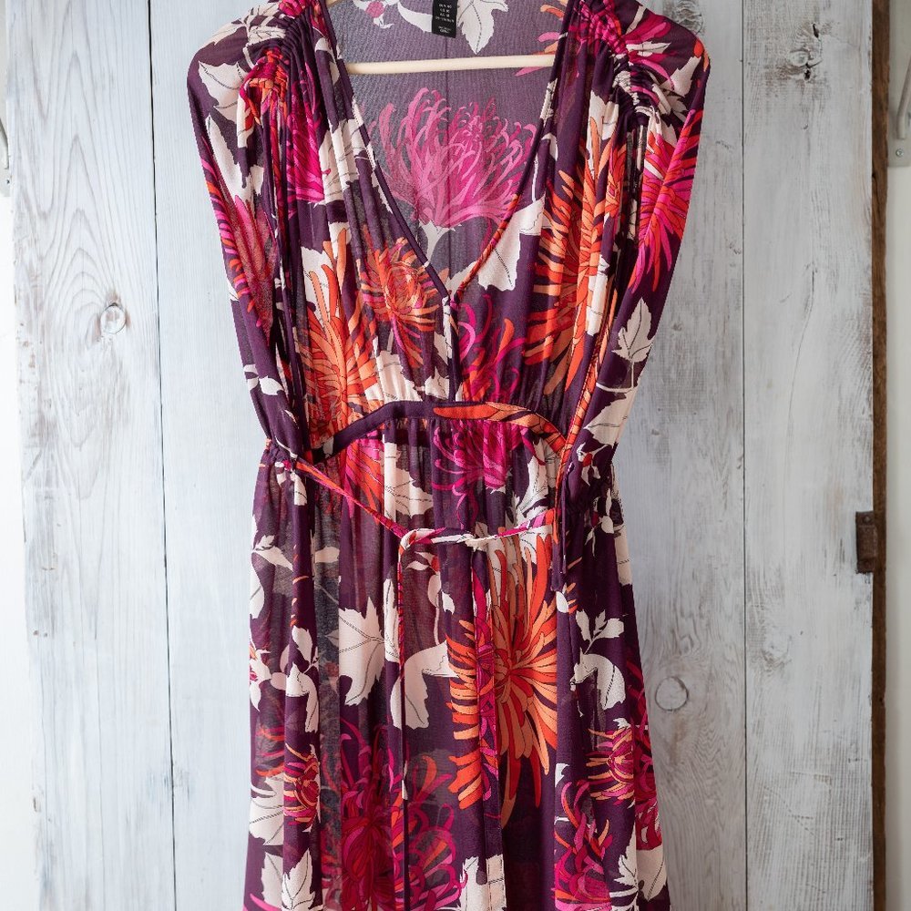 H&M Floral Tie Waist Purple and Pink Sheer Tunic/Coverup